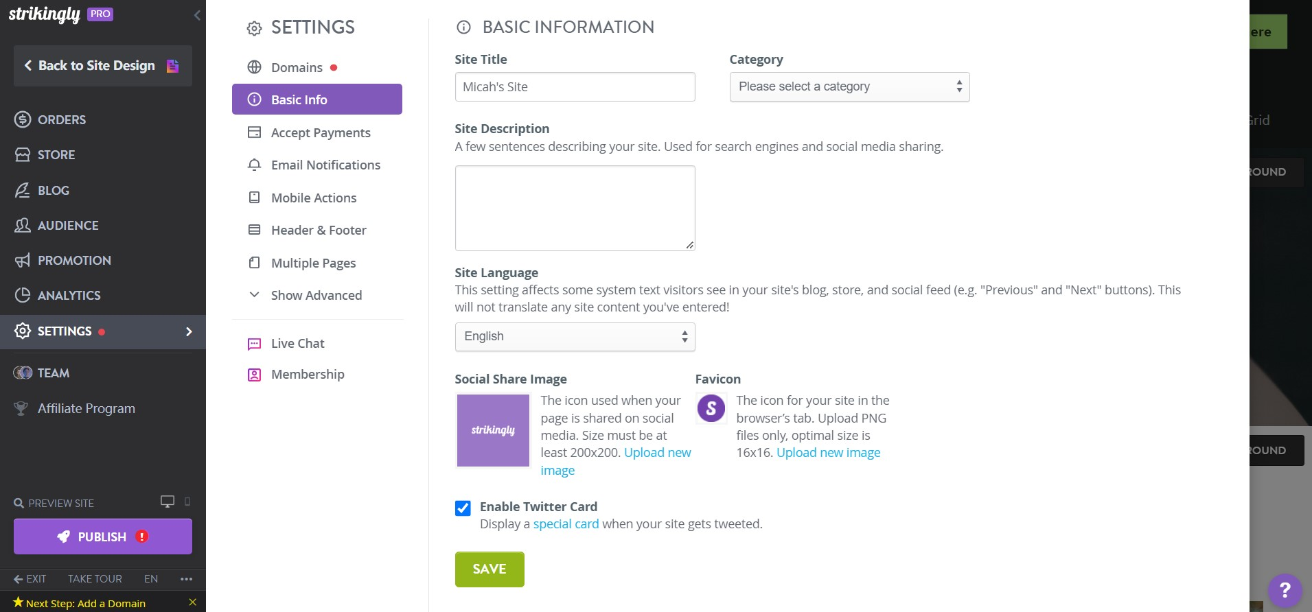 Strikingly Basic Info Settings Strikingly Basic Info Settings